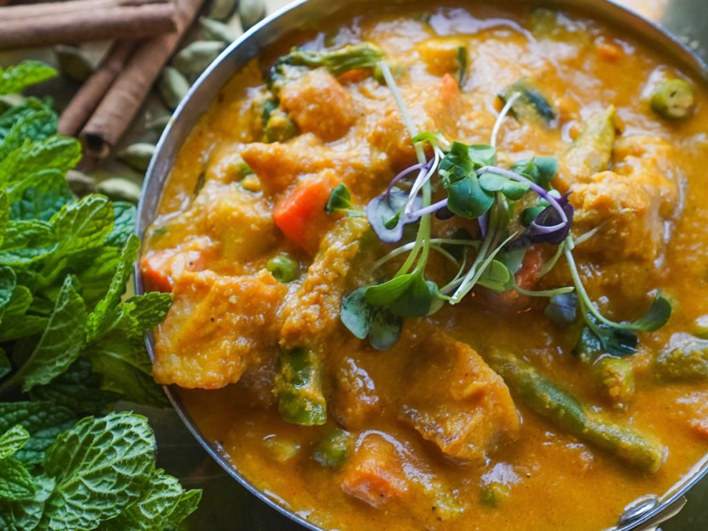 Creamy vegetable coconut curry dish.