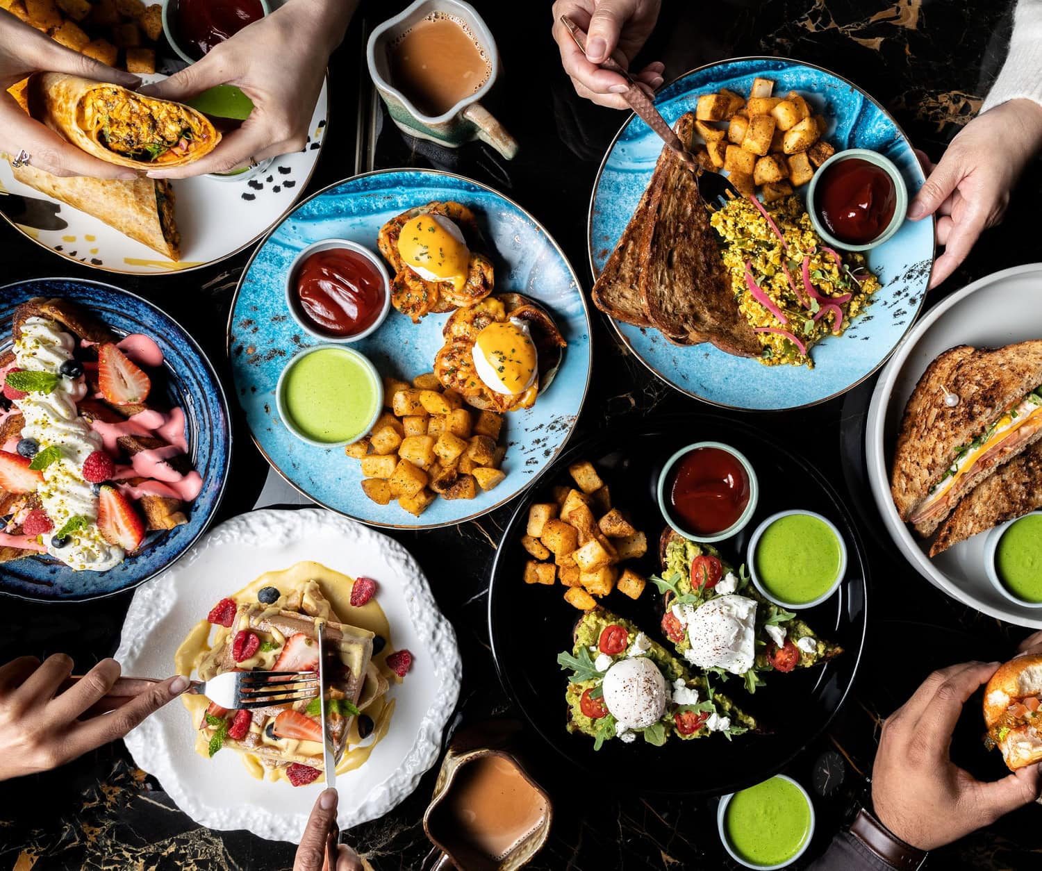 Colourful brunch spread served at a Vancouver Indian restaurant.