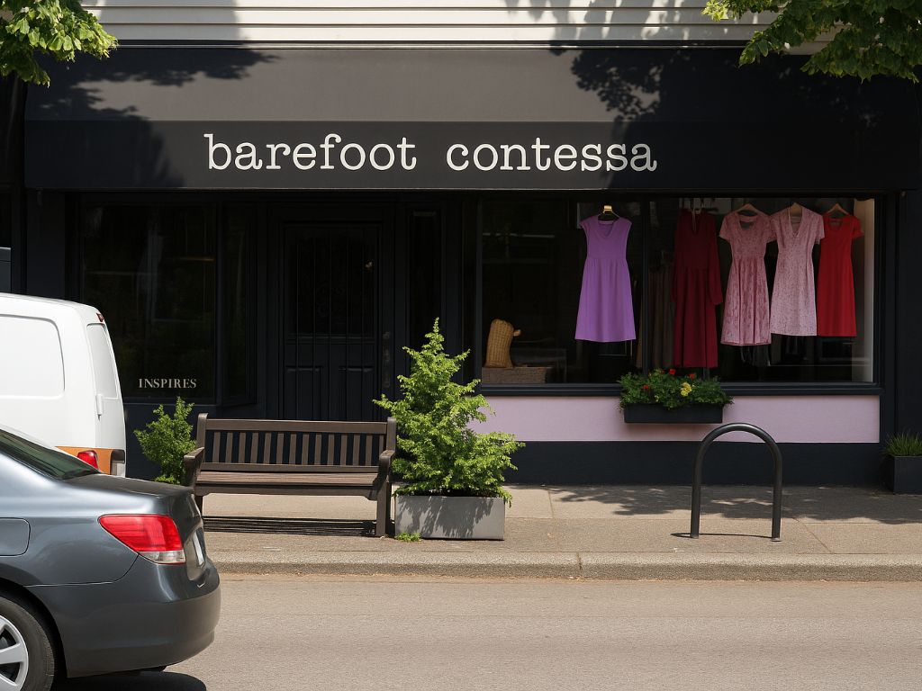 The storefront of Barefoot Contessa, a fashion boutique, with carefully curated window displays showcasing stylish clothing and accessories.