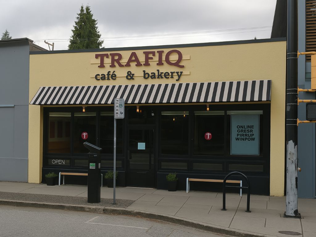 The welcoming exterior of Trafiq Cafe & Bakery, featuring a modern facade with large windows, an inviting entrance, and possibly outdoor seating.